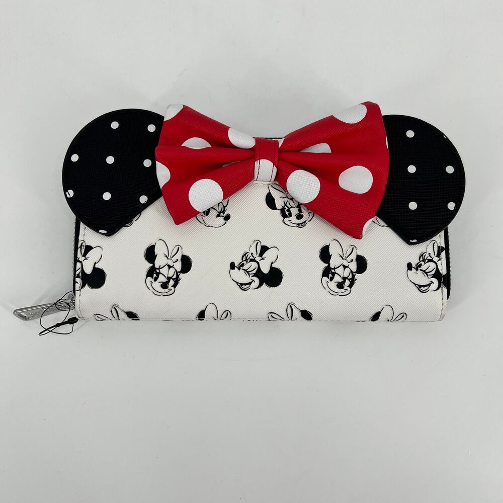 Disney Parks Loungefly Minnie Mouse Sketch Clutch Wallet Red Bow 3D Black White